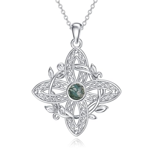LONAGO Witches Knot Moss Agate Necklace 925 Sterling Silver Original Protection Witch Celtic Knot Pendant Necklaces Wiccan Witchy Pagan Jewelry for Women