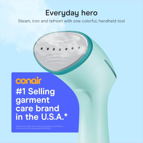 Conair Power Steam Garment Steamer, Clothes Steamer Handheld with Ceramic Soleplate, Clothing Steamer, 35-Second Heat-Up, 15-Minute Steam, Fabric Attachments, Mint Green - image 2