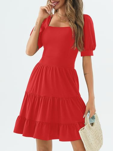 Image of Women's Square Neck A-Line Summer Dress Puff Sleeve Flared Swing High Waist Smocked Flowy Midi Casual Dress for Office /Party Red