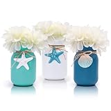 Beach Mason Jar Decor Coastal Table Centerpiece with White Flowers Floral Arrangement Blue Shell Starfishes Slices for Summer Sea Farmhouse Tiered Tray Wedding Décor Vases Home Hostess Gift Idea 3pcs