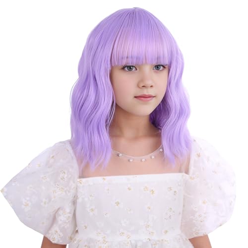 Image of Girls Lavender Purple Wig Child Short Light Purple Wavy Curly Wig Kids Wigs with Air Bangs Heat Resistant Synthetic Wigs with Cap