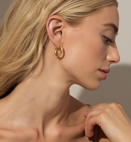 6 Pairs Simple Gold Hoop Earrings Set for Women Trendy, 14K Gold Plated Chunky Hollow Tube Hoops Earrings, Hypoallergenic Lightweight Large Hoops Jewelry 25/30/35mm4