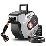 SUNPOW Garden Hose Reel Wall Mounted - 15m+2m Retractable Hose Pipe, Easy to Install & 10 Function Sprayer Nozzle - Any Length Lock, Auto Rewind System, 180°Swivel Bracket - Grey