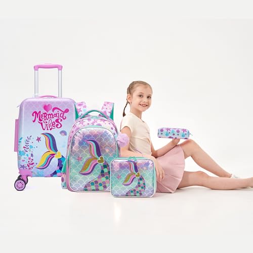 Image of Kids Mermaid Suitcase Set for Boys Hardside Luggage with Spinner Wheels 5 Piece 16inch Toddler Suitcase for Boys Travel Carry on Luggage Airline Approved