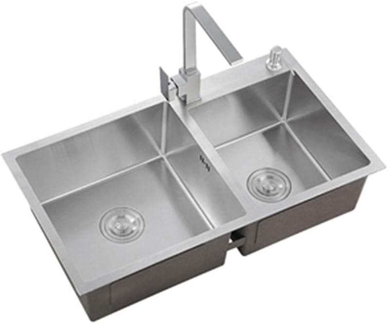 Double Bowl 60/40 Kitchen Sink, 304 Stainless Steel Counter Top Drain Set 0907 (Size : 800mm x 450mm)