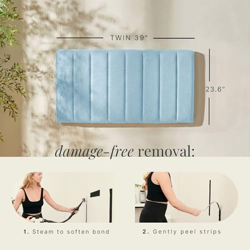 Image of Hearth & Harbor Wall Mounted Twin Headboard Only, Bed Headboard Twin Size | Easy Assemble, Floating Peel and Stick, Upholstered, Channel Stitched, 3D Wall Panels, 5 Strips of 3M Tape Included, Ice Blue