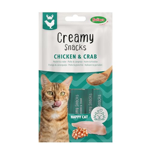 Bubimex – Creamy Snacks de Pollo y Cangrejo – Dulces cremas para lamer para Gatos – Textura Lisa, cremosa y apetitosa – Estimula el apetito y favorece la hidratación – 4 x 15 g