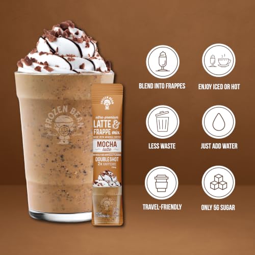 Image of The Frozen Bean Mocha Instant Coffee Frappe, 10 Sticks | Real Arabica, 114mg caffeine, 5g sugar, Single serve packets, Hot or blended iced, On the go