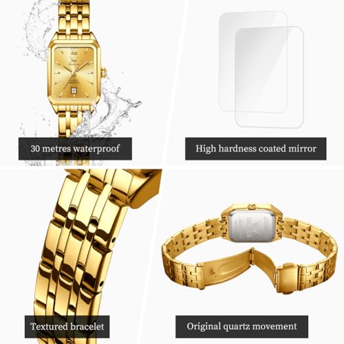 Image of OLEVS Watches for Women Gold Dress Analog Quartz Square Female Watch Stainless Steel Waterproof Calender Stylish Watch for Ladies
