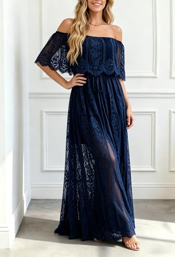 Image of HOYISHION Women's Off The Shoulder Floral Lace Maxi Dress White Bridesmaid Wedding Party Maternity Photoshoot Long Dresses