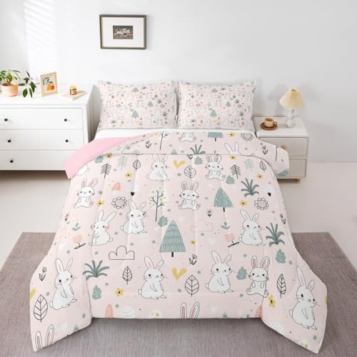 Image of Feelyou Cute Rabbit Comforter, Cartoon Bunny Comforter Set Toddler Size Kawaii Animal Comforter Set Toddler Size for Kids Boys Girls Botanical Plant Duvet Set Microfiber Quilt Set