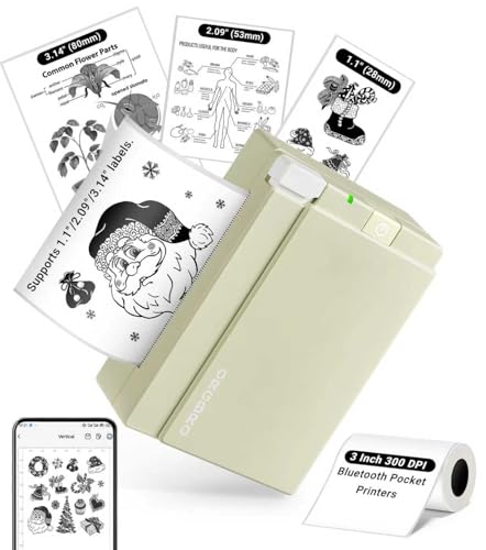 ORGBRO Sticker Printer, X3 Mini Bluetooth Thermal Portable Sticker Maker Supports 2-3 Inch Width, with 1 Roll Thermal Paper, Suitable for Study Notes, Photos, 300DPI Compatible with Phone, Olive Green