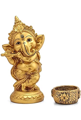 Image of Handmade Showpiece Polyresin Ganesh dol with Deepak and Figurines for Spiritual Vaastu Pooja Decorative for Puja Gifts & Decoration Items for Home Decor (Fulte Standing Ganesha)