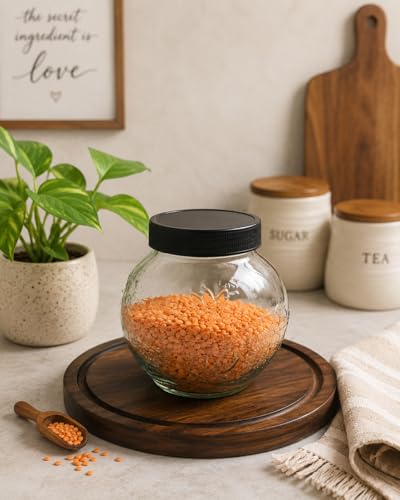 Image of Designer Transparent Glass Storage Jar with Black Plastic Airtight Lid, 900 ML Food Grade Kitchen & Pantry Storage Container, Size 8 X 14 X 14 cm, Ideal for Pulses, Dry Fruits, Pack Of 2