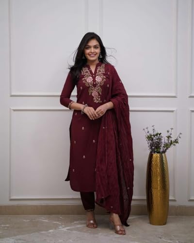 Image of Women's Cotton Embroidery work Straight kurti with Pant & mulmul dupatta set