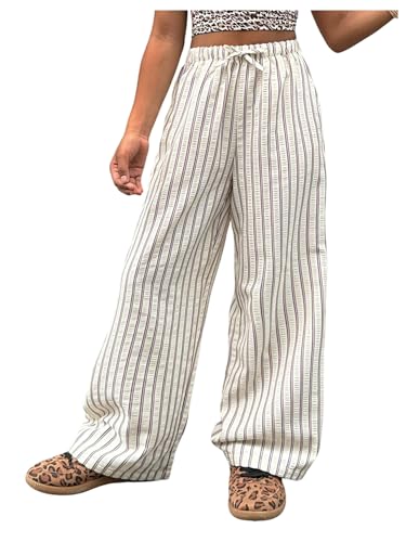 Floerns Girl's Striped Drawstring High Waist Long Pants Straight Leg Beach Trousers