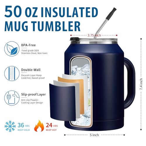 Image of 50 oz Mug Tumbler with Handle and Straw - 2-in-1 Lid, Insulated Metal Iced Coffee Thermal Cup, Stainless Steel Water Mugs, Double Wall Vacuum Water Cups Keep Cold-36H Hot-24H, 50oz Large Flask Jug