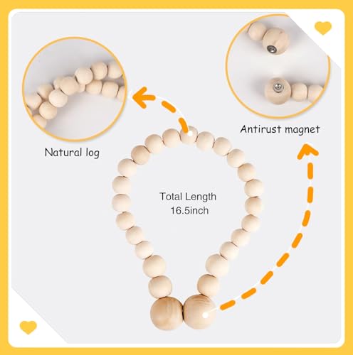 Wooden Magnetic Curtain Buckle,Round Beads Chain Connection Elastic Rope, with 23 Small Round Beads, Bohemian Style, 2Pcs