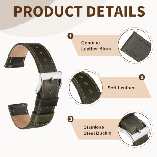 Correa de reloj de cuero de 20 mm verde bosque con pasadores de liberación rápida 3