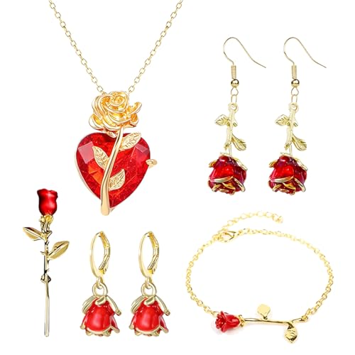 5-Piece Heart Crystal Rose Jewelry Set