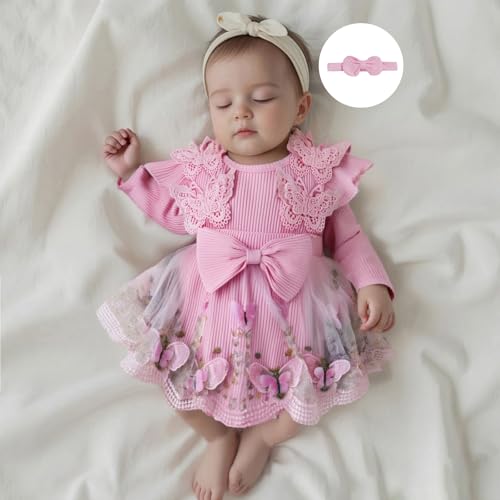 Newborn Girl Outfit Long Sleeve Flower Butterfly Embroidery Knit Romper Dress Bowknot Headband Infant Baby Clothes3
