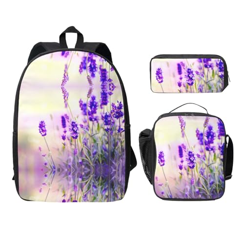 Mochila escolar de lavanda negra en lote de 3 piezas con estuche y fiambrera