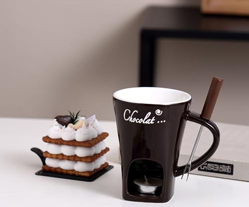Fondue Pot Set for Chocolate Cheese Candy,Mini Ceramic Fondue Mugs,Chocolate Fondue Mug Set with Forks,Chocolate Melting Mugs,Melt Hot Pot Mugs Set for Butter Caramel (Brown)
