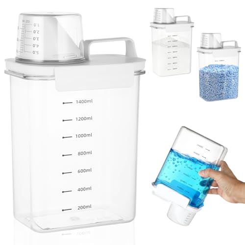 Strehknewen Dispensador de detergente, 1800 ml, hermético, caja de almacenamiento con vaso medidor, recipiente sellado para detergente, detergente en polvo, cereales y comida seca, transparente