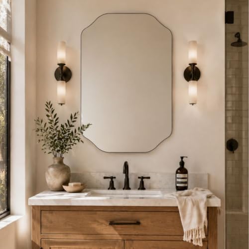 Image of TEHOME 24x40'' Scalloped Black Bathroom Vanity Mirror, Matt Black Rectangle Metal Framed Bathroom Mirror