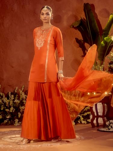 Image of FIORRA Women's Orange Viscose Chanderi Embroidered Ethnic Straight Kurta Set with Dupatta