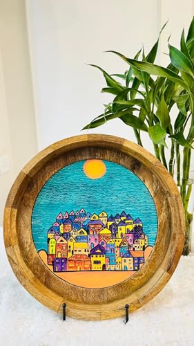 Image of Wooden Designer Round Serving Tray - 12 Inch | Premium Mango Wood Decorative | Eco-Friendly Non-Toxic Multipurpose Serving Tray for Tea, Coffee, Snacks, Kitchen & Gifting(Teal Blue FC)