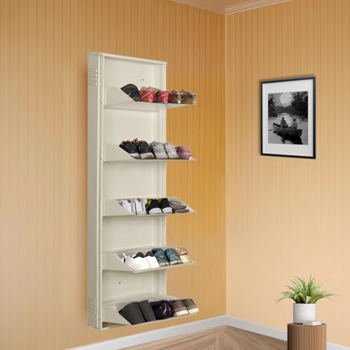 Image of DELITE KOM 20 Inch Wide, 5 Shelf Metal Shoe Rack Wall Mounted for Home with Central Lock | Holds Upto 12 Shoes or 20 Slippers Pair | 1 Year Warranty | (67 x 20 x 5 Inch, Ivory) | DIY | Space Saving