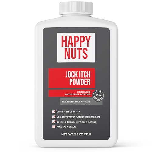 HAPPY NUTS Jock Itch OTC Antifungal Treatment Powder - 2% Miconazole Nitrate - Clinically Proven Cures Most Jock Itch, Athletes Foot, Ringworm and More - Absorbs Moisture, Stops Itching and Burning