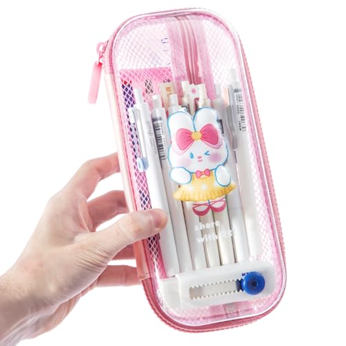 Image of M&G Pencil Case, Large Capacity Pencil Pouch Multi-Slot Pencil Case Organizer, Cute Portable Pencil Bag Transparent Stationary with Zipper for Makeup Brush Teen Boys Girls Office Students(Pink)