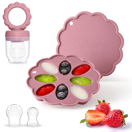 Image of Silicone Baby Fruit Food Feeder Breastmilk Popsicle Molds Set, Baby Food Freezer Tray for Cooling Teething Relief, Food Feeder for Safe Infant Self Feeding, Includes 6 Extra Food Pacifier