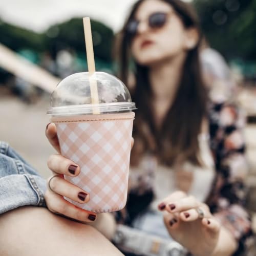 Image of Reusable Insulated Sleeve for Iced Coffee Cup, Coffee Neoprene Sleeve for Cold & Hot Drinks, Beverage Holder for Iced Coffee (Cream Gingham, Small: 16-18oz)