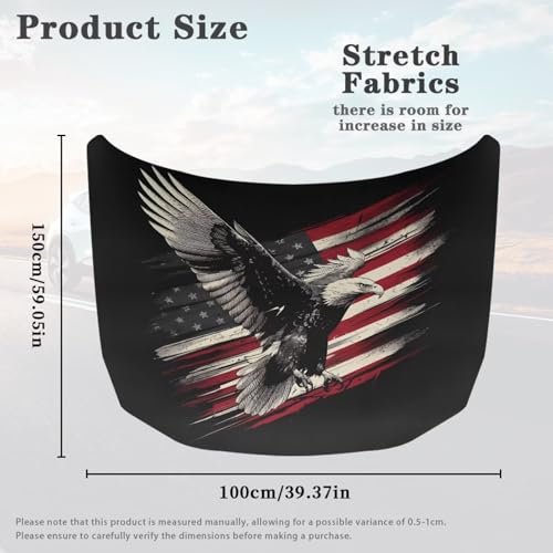 Image of Eagle American Flag Print Car Hood Cover 59x39 Inch Auto Hood Wrap Blankets Stretchable Waterproof Automotive Exterior Accessories for Compact Sedans SUVs Trucks Vans