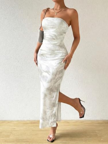 Image of LIGHT DOT Women's Summer Dress Printed Strapless Tube Bodycon Maxi Side Slit Mesh Layered