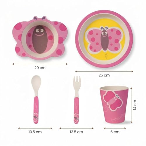 Image of Bamboo Kids Feeding Set of 5 |Kids Crockery Set Tableware |Baby Utensils and Dishes Set | Eco-Friendly |Organic & Natural (Butterfly)