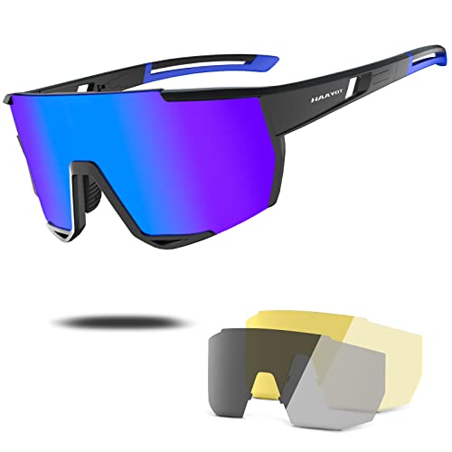 Haayot Polarized Cycling Glasses,Baseball Sunglasses For Men Women,Sports Running Biking Mtb Fishing Uv Protection Sunglasses 3 Lenses Black Blue #TOP13