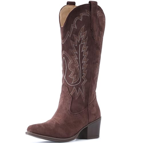 Image of IUV Suede Cowboy Boots For Women Chunky Heel Pointed Toe Cowgirl Boots