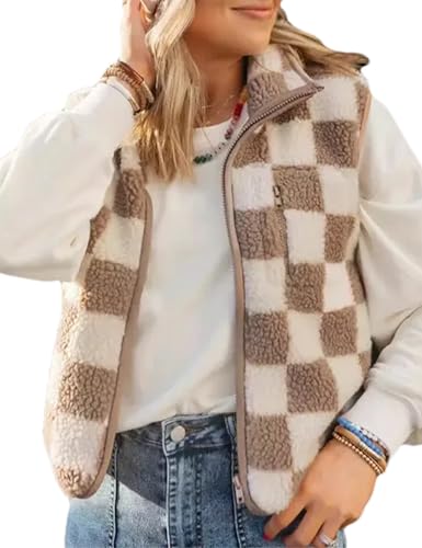 Sherpa Vest for Women Sleeveless Fuzzy Fleece Checkered Jacket Warm Casual Gilet Outerwear with Zipper