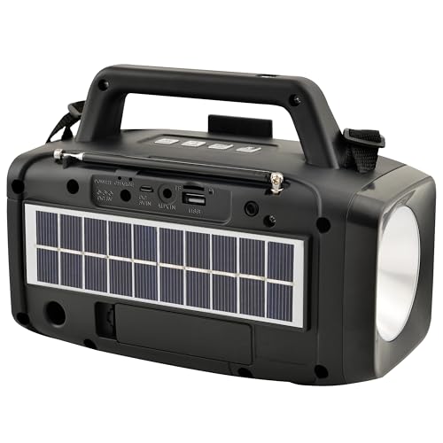 Supersonic SC-1074ER Solar Power Speaker with FM Radio & LED Flashlight, 360° Antenna, Smartphone Stand, LED Flashlight, USB/Micro SD. Rechargeable Battery, Solar Panel, Enjoy Music for 1-1.2 Hours
