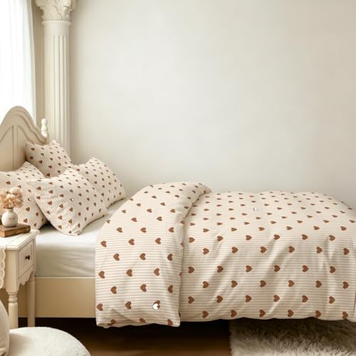 Image of Nayoroom Brown Heart Striped Duvet Cover Queen Size Girls Cute Aesthetic Dorm Bedding Set 3 Pieces Soft Lightweight Microfiber Farmhouse Duvet Cover