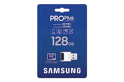 Image of SAMSUNG PRO Plus microSD Memory Card + Reader, 128GB MicroSDXC, Up to 180 MB /s, Full HD & 4K UHD, UHS-I, C10, U3, V30, A2 for Android Phones, Tablets, GoPRO, DJI Drone, MB-MD128SB /AM, 2023