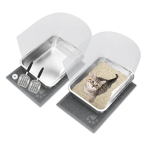Rypet 2 Set Stainless Steel Litter Box，Rust Proof Metal Cat Litter Tray