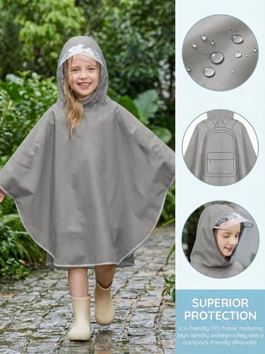 Image of Haloumoning Kids Hooded Rain Poncho Girls Waterproof Lightweight Reusable Raincoat Jacket 4-14 Years
