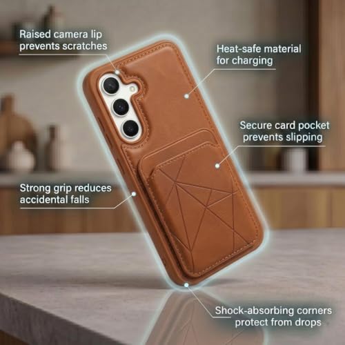 Image of amazon basics Premium Vegan Leather Back Cover with Card Holder and Integrated Mobile Stand for Samsung Galaxy S25FE 5G - Slim Shockproof Wallet Case with Geometric Stitching [Tan]