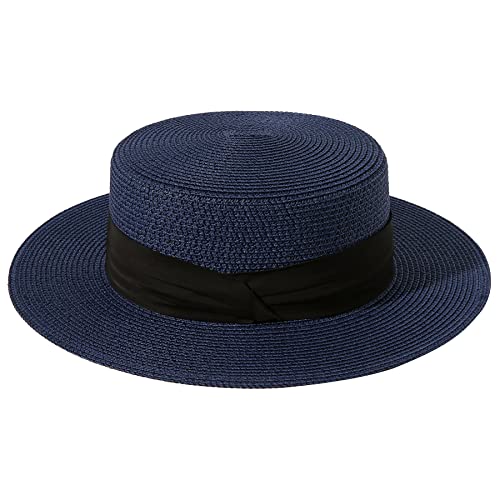 Image of Lanzom Sun Hats for Women Wide Brim Straw Boater Hat Foldable Packable Beach Hat for Summer Fit Size 6 8 /7-7 1 /4