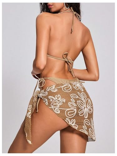 Verdusa Women's 3 Piece Floral Crochet Halter Triangle Bikini Sets Tie Back Bikini Set with Cover Up Skirt2
